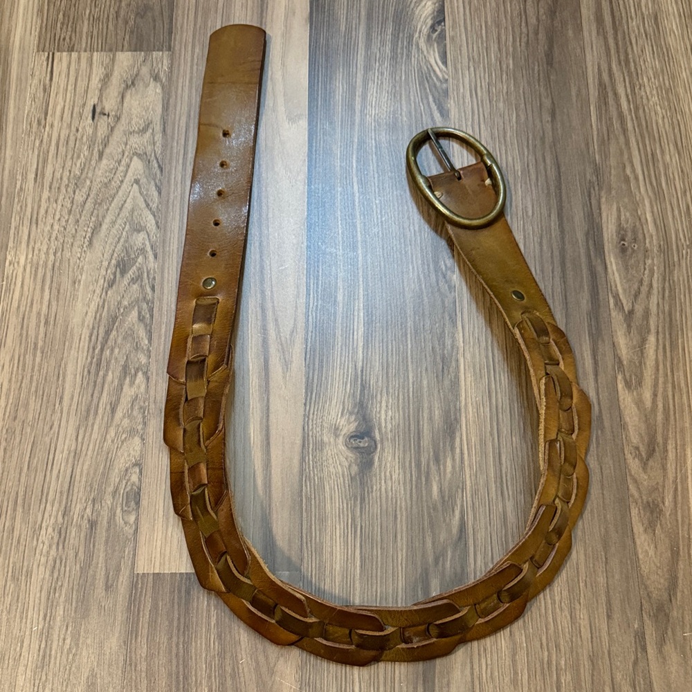 Linea Pelle Leather Woven Brass Oval Buckle Belt M